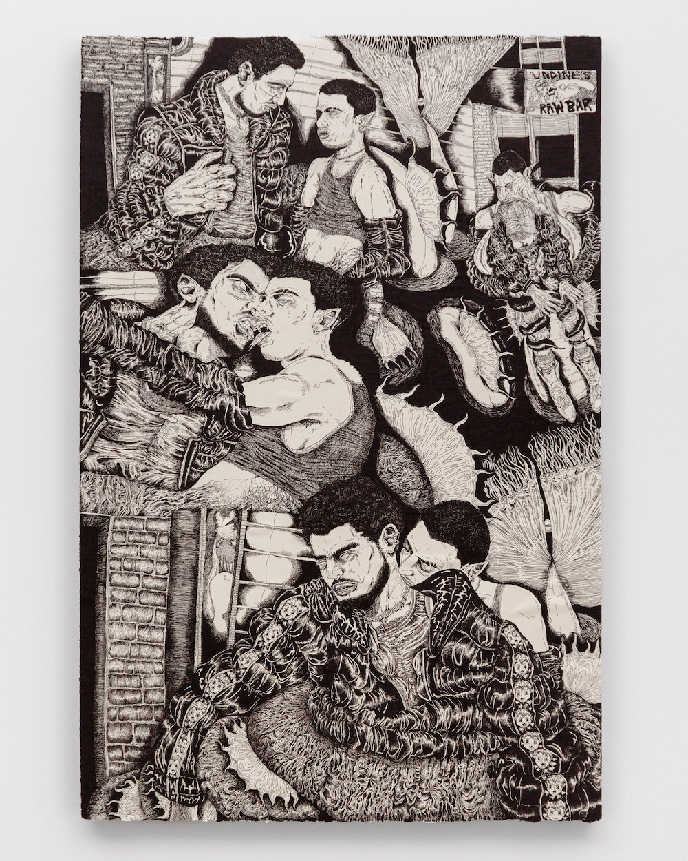 <i>You Feel Different</i>, 2024. Pen and ink on paper mounted on board, 47 x 31 1/2 in (67.3 x 80 cm)